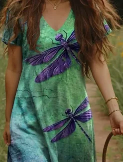 Women's Maxi Dress Casual Dress A Line Dress Bohemia Vacation Vintage Vacation Daily Regular Fit Floral Short Sleeve V Neck Yellow Light Green Orange Green Summer Spring