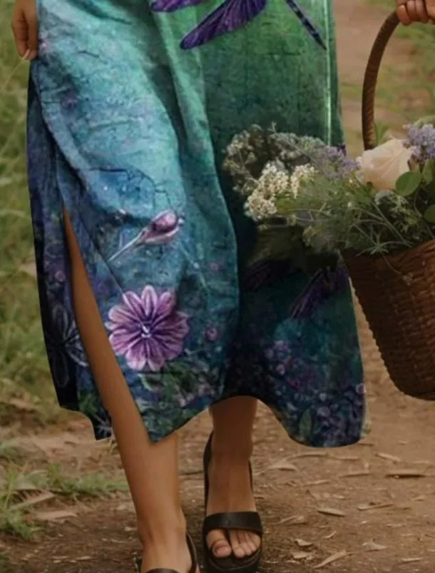 Women's Maxi Dress Casual Dress A Line Dress Bohemia Vacation Vintage Vacation Daily Regular Fit Floral Short Sleeve V Neck Yellow Light Green Orange Green Summer Spring