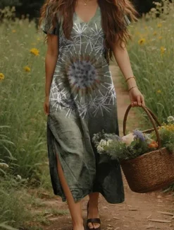 Women's Maxi Dress Casual Dress A Line Dress Bohemia Vacation Vintage Vacation Daily Regular Fit Floral Short Sleeve V Neck Yellow Light Green Orange Green Summer Spring