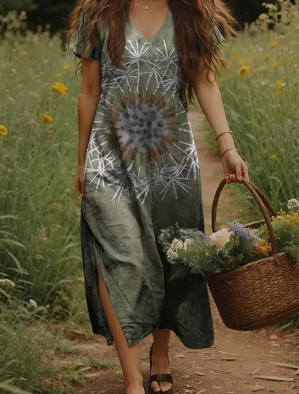 Women's Maxi Dress Casual Dress A Line Dress Bohemia Vacation Vintage Vacation Daily Regular Fit Floral Short Sleeve V Neck Yellow Light Green Orange Green Summer Spring