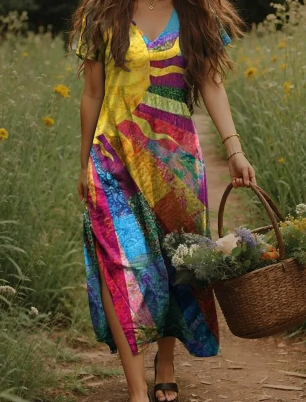 Women's Maxi Dress Casual Dress A Line Dress Bohemia Vacation Vintage Vacation Daily Regular Fit Floral Short Sleeve V Neck Yellow Light Green Orange Green Summer Spring