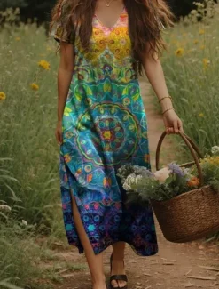Women's Maxi Dress Casual Dress A Line Dress Bohemia Vacation Vintage Vacation Daily Regular Fit Floral Short Sleeve V Neck Yellow Light Green Orange Green Summer Spring