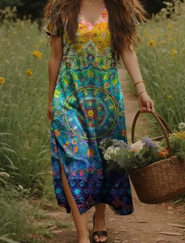 Women's Maxi Dress Casual Dress A Line Dress Bohemia Vacation Vintage Vacation Daily Regular Fit Floral Short Sleeve V Neck Yellow Light Green Orange Green Summer Spring