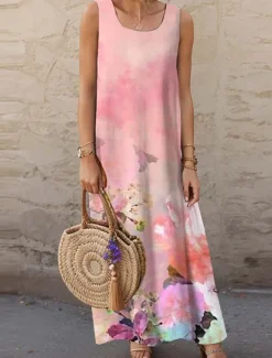 Women's Maxi Dress Casual Dress A Line Dress Stylish Casual Vacation Daily Regular Fit Floral Sleeveless Crew Neck Pink Summer Spring