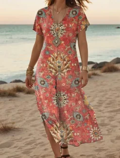 Women's Maxi Dress Casual Dress A Line Dress Stylish Casual Vacation Daily Regular Fit Floral Short Sleeve V Neck White Orange Green Gray Summer Spring