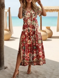 Women's Maxi Dress Casual Dress T Shirt Dress Tee Dress Sundress Shift Dress Bohemia Party Holiday Beach Loose Fit Floral Vintage Bohemian Short Sleeve Crew Neck Maroon Aqua Blue Summer Spring