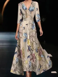 Women's Maxi Dress Casual Dress Swing Dress A Line Dress Casual Daily Regular Fit Floral 3/4 Length Sleeve V Neck White Champagne Red Spring Fall