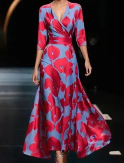 Women's Maxi Dress Casual Dress Swing Dress A Line Dress Casual Daily Regular Fit Floral 3/4 Length Sleeve V Neck White Champagne Red Spring Fall