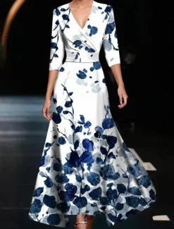 Women's Maxi Dress Casual Dress Swing Dress A Line Dress Casual Daily Regular Fit Floral 3/4 Length Sleeve V Neck White Champagne Red Spring Fall