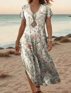 Women's Maxi Dress Casual Dress A Line Dress Stylish Casual Vacation Daily Regular Fit Floral Short Sleeve V Neck Light Pink Light Purple Purple Beige Spring Fall