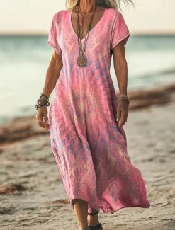 Women's Maxi Dress Casual Dress A Line Dress Stylish Casual Vacation Daily Regular Fit Floral Short Sleeve V Neck Light Pink Light Purple Purple Beige Spring Fall