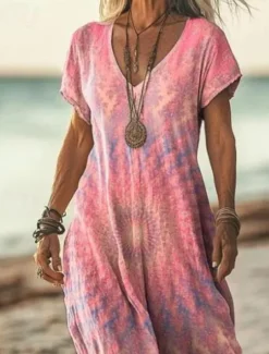 Women's Maxi Dress Casual Dress A Line Dress Stylish Casual Vacation Daily Regular Fit Floral Short Sleeve V Neck Light Pink Light Purple Purple Beige Spring Fall