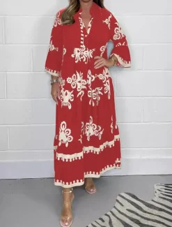 Women's Maxi Dress Casual Dress Boho Chic Dresses Boho Dress Bohemia Stylish Casual Vacation Daily Beach Loose Fit Graphic 3/4 Length Sleeve V Neck Black Red Green Beige Summer Spring