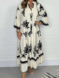 Women's Maxi Dress Casual Dress Boho Chic Dresses Boho Dress Bohemia Stylish Casual Vacation Daily Beach Loose Fit Graphic 3/4 Length Sleeve V Neck Black Red Green Beige Summer Spring