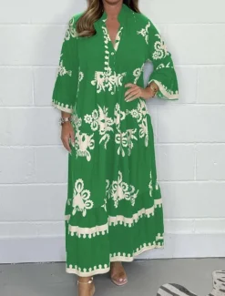 Women's Maxi Dress Casual Dress Boho Chic Dresses Boho Dress Bohemia Stylish Casual Vacation Daily Beach Loose Fit Graphic 3/4 Length Sleeve V Neck Black Red Green Beige Summer Spring