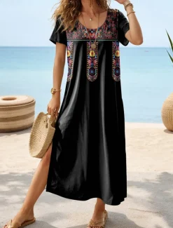 Women's Maxi Dress Casual Dress T Shirt Dress Tee Dress Sundress Bohemia Date Regular Fit Geometric Short Sleeve Crew Neck Black Dark Gray Summer