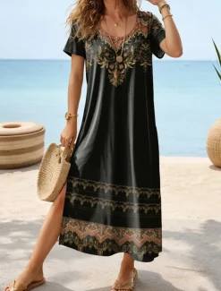 Women's Maxi Dress Casual Dress T Shirt Dress Tee Dress Sundress Bohemia Date Regular Fit Geometric Short Sleeve Crew Neck Black Dark Gray Summer