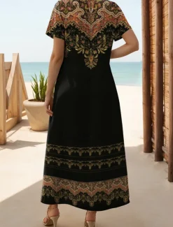 Women's Maxi Dress Casual Dress T Shirt Dress Tee Dress Sundress Bohemia Date Regular Fit Geometric Short Sleeve Crew Neck Black Dark Gray Summer