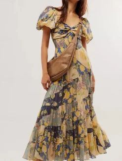 Women's Maxi Dress Casual Dress Swing Dress A Line Dress Boho Dress Bohemia Vintage Casual Vacation Daily Regular Fit Floral Short Sleeve V Neck Red Orange Beige Spring Fall