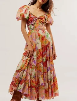 Women's Maxi Dress Casual Dress Swing Dress A Line Dress Boho Dress Bohemia Vintage Casual Vacation Daily Regular Fit Floral Short Sleeve V Neck Red Orange Beige Spring Fall