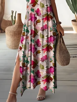 Women's Maxi Dress Casual Dress A Line Dress Stylish Casual Vacation Daily Regular Fit Floral Short Sleeve V Neck Pink Summer Spring