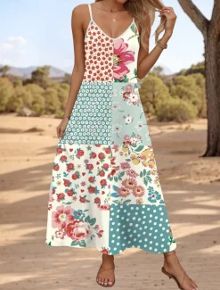 Women's Maxi Dress Casual Dress Sundress A Line Dress Bohemia Vacation Tropical Vacation Casual Daily Regular Fit Floral Graphic Butterfly Sleeveless V Neck Light Yellow Summer Spring