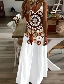 Women's Maxi Dress Casual Dress A Line Dress Slip Dress Vacation Vintage Ethnic Daily Regular Fit Paisley Sleeveless V Neck White Summer Spring Fall