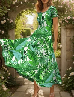 Women's Maxi Dress Casual Dress A Line Dress Summer Dress Vacation Vintage Ethnic Regular Fit Graphic Leaf Short Sleeve Square Neck Green Summer Spring