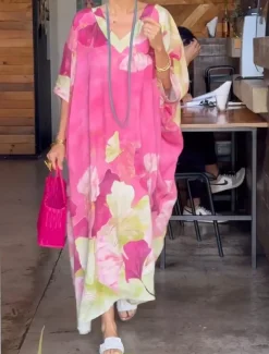 Women's Maxi Dress Casual Dress Shift Dress Stylish Casual Vacation Daily Date Loose Fit Floral Short Sleeve V Neck Pink Blue Summer Spring