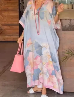 Women's Maxi Dress Casual Dress Shift Dress Stylish Casual Vacation Daily Date Loose Fit Floral Short Sleeve V Neck Pink Blue Summer Spring