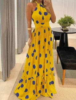 Women's Maxi Dress Casual Dress Corset Dress A Line Dress Slip Dress Stylish Casual Vacation Daily Regular Fit Floral Leopard Polka Dot Sleeveless Halter Neck Dark Brown Black Yellow Brown Summer