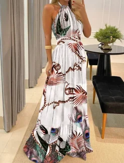 Women's Maxi Dress Casual Dress Corset Dress A Line Dress Slip Dress Stylish Casual Vacation Daily Regular Fit Floral Leopard Polka Dot Sleeveless Halter Neck Dark Brown Black Yellow Brown Summer