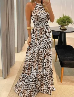 Women's Maxi Dress Casual Dress Corset Dress A Line Dress Slip Dress Stylish Casual Vacation Daily Regular Fit Floral Leopard Polka Dot Sleeveless Halter Neck Dark Brown Black Yellow Brown Summer