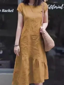 Women's Maxi Dress Casual Dress Cotton Linen Dress A Line Dress Basic Casual Vacation Daily Regular Fit Plain Short Sleeve Crew Neck Yellow Red Blue Purple Summer