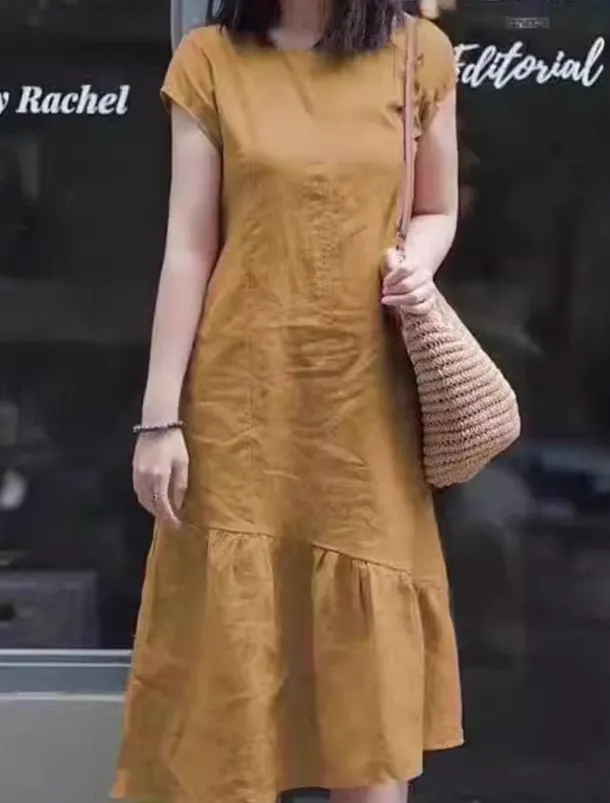 Women's Maxi Dress Casual Dress Cotton Linen Dress A Line Dress Basic Casual Vacation Daily Regular Fit Plain Short Sleeve Crew Neck Yellow Red Blue Purple Summer
