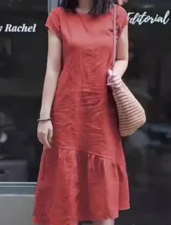 Women's Maxi Dress Casual Dress Cotton Linen Dress A Line Dress Basic Casual Vacation Daily Regular Fit Plain Short Sleeve Crew Neck Yellow Red Blue Purple Summer