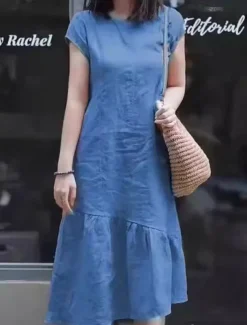 Women's Maxi Dress Casual Dress Cotton Linen Dress A Line Dress Basic Casual Vacation Daily Regular Fit Plain Short Sleeve Crew Neck Yellow Red Blue Purple Summer