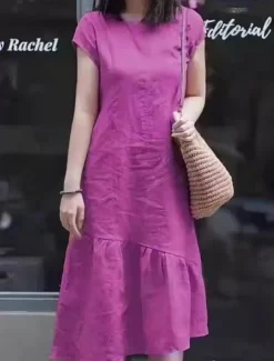 Women's Maxi Dress Casual Dress Cotton Linen Dress A Line Dress Basic Casual Vacation Daily Regular Fit Plain Short Sleeve Crew Neck Yellow Red Blue Purple Summer