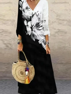 Women's Maxi Dress Casual Dress Floral Print V Neck Casual Daily Vacation 3/4 Length Sleeve Summer Spring