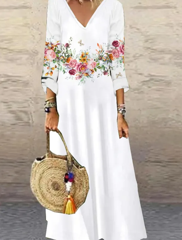 Women's Maxi Dress Casual Dress Floral Print V Neck Casual Daily Vacation 3/4 Length Sleeve Summer Spring