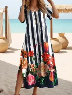 Women's Maxi Dress Casual Dress T Shirt Dress Tee Dress Sundress Bohemia Date Regular Fit Geometric Short Sleeve Crew Neck Black White Pink Purple Summer