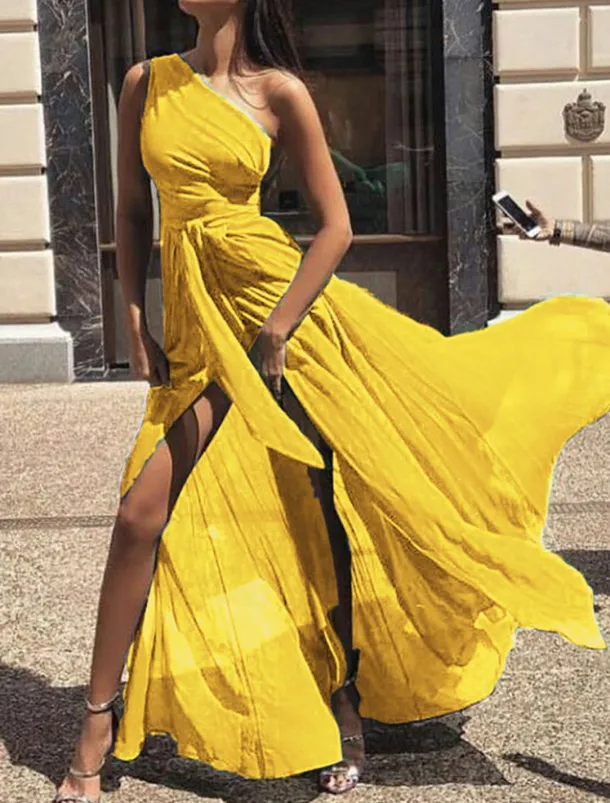 Women's Maxi Dress Cocktail Dress Wedding Guest Dress Chiffon Dress A Line Dress Elegant Sexy Formal Wedding Party Regular Fit Sleeveless V Neck Yellow Red Purple Green Summer