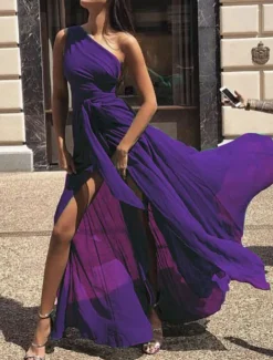 Women's Maxi Dress Cocktail Dress Wedding Guest Dress Chiffon Dress A Line Dress Elegant Sexy Formal Wedding Party Regular Fit Sleeveless V Neck Yellow Red Purple Green Summer