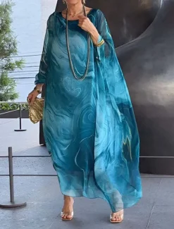 Women's Maxi Dress Cocktail Dress Wedding Guest Dress Chiffon Dress Elegant Casual Vacation Daily Date Loose Fit Ombre Long Sleeve Crew Neck Light Yellow Blue Gray Spring Fall