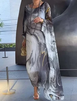 Women's Maxi Dress Cocktail Dress Wedding Guest Dress Chiffon Dress Elegant Casual Vacation Daily Date Loose Fit Ombre Long Sleeve Crew Neck Light Yellow Blue Gray Spring Fall