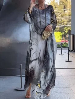 Women's Maxi Dress Cocktail Dress Wedding Guest Dress Chiffon Dress Elegant Casual Vacation Daily Date Loose Fit Ombre Long Sleeve Crew Neck Light Yellow Blue Gray Spring Fall