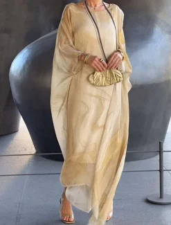 Women's Maxi Dress Cocktail Dress Wedding Guest Dress Chiffon Dress Elegant Casual Vacation Daily Date Loose Fit Ombre Long Sleeve Crew Neck Light Yellow Blue Gray Spring Fall