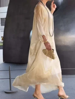 Women's Maxi Dress Cocktail Dress Wedding Guest Dress Chiffon Dress Elegant Casual Vacation Daily Date Loose Fit Ombre Long Sleeve Crew Neck Light Yellow Blue Gray Spring Fall