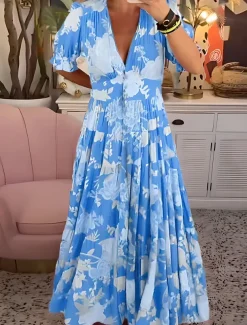 Women's Maxi Dress Corset Dress A Line Dress Summer Dress Stylish Casual Vacation Daily Regular Fit Floral Short Sleeve V Neck Red Sky Blue Green Summer