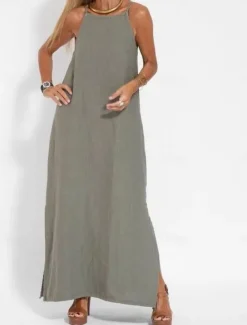 Women's Maxi Dress Cotton Linen Dresses Casual Dress Slip Dress Basic Casual Vacation Daily Regular Fit Plain Sleeveless Strap White Army Green Summer